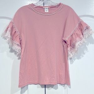 Main Strip Baby Pink Pearl Neckline Fringe Lace Statement Sleeve Shirt